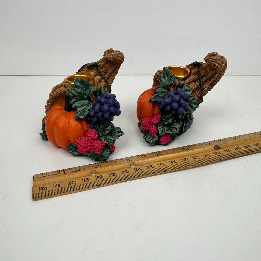 Vtg Cornucopia Thanksgiving Fall Autumn Candlestick Holders Tabletop Gold Accent